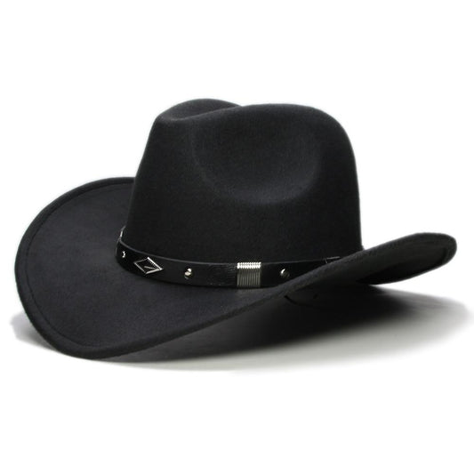 Retro Parent-Child Wool Cowboy Hat with Geometric Pattern Leather Band-Hats-Innovato Design-Black-Adult-Innovato Design