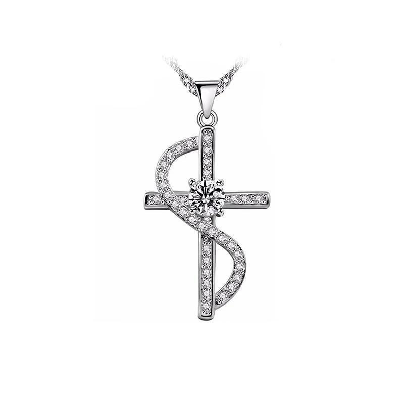 Cubic Zirconia Silver Cross with Wave Accent Necklace-Necklaces-Innovato Design-White-Innovato Design