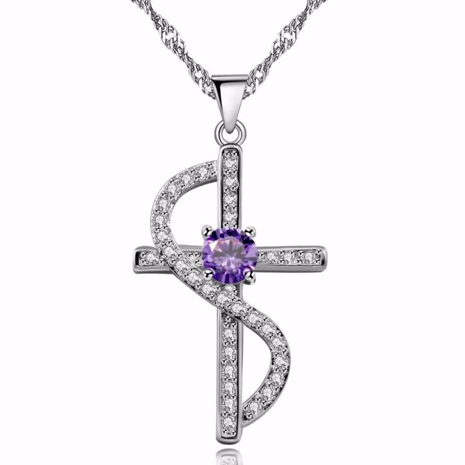 Cubic Zirconia Silver Cross with Wave Accent Necklace-Necklaces-Innovato Design-Purple-Innovato Design