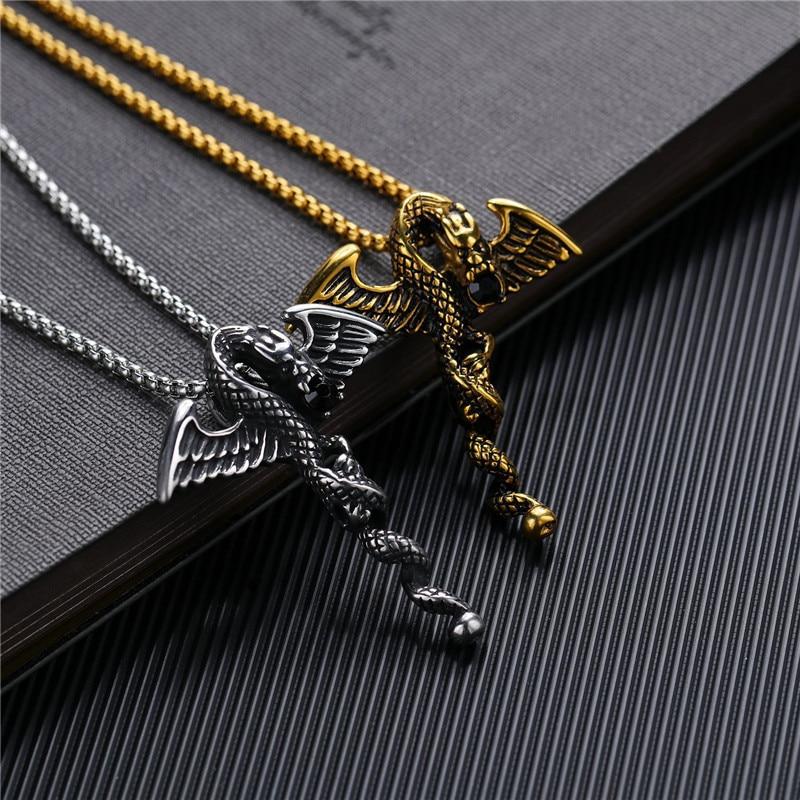Stainless Steel Winged Dragon with Black Crystal Stone Necklace-Necklaces-Innovato Design-Silver-Innovato Design