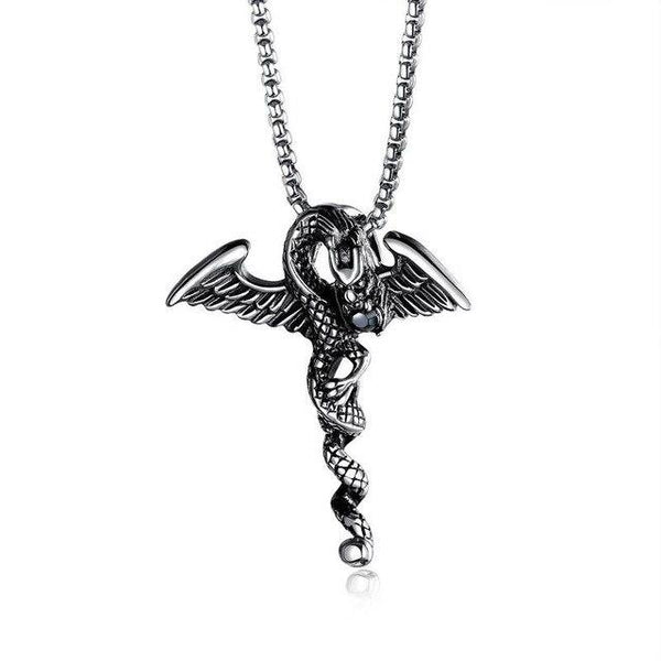 Stainless Steel Winged Dragon with Black Crystal Stone Necklace - InnovatoDesign