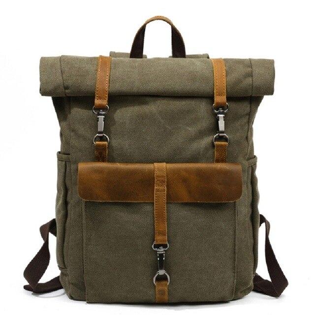 Canvas Leather Travel Daypack 20 Liter Backpack in 5 Colors-Canvas and Leather Backpack-Innovato Design-Army Green-Innovato Design