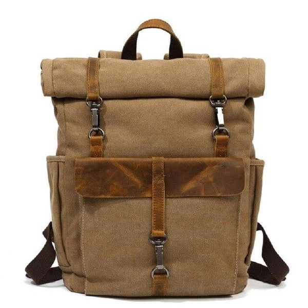 Canvas Leather Travel Daypack 20 Liter Backpack in 5 Colors-Canvas and Leather Backpack-Innovato Design-Khaki-Innovato Design