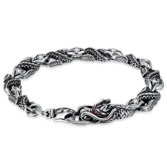 Silver Dragon Red and White Cubic Zirconia Stones 925 Sterling Silver Vintage Biker Bracelet-Bracelets-Innovato Design-6.30in-Innovato Design