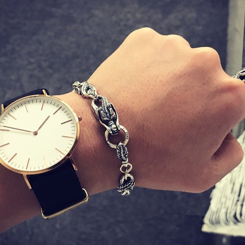 Silver Dragon Red and White Cubic Zirconia Stones 925 Sterling Silver Vintage Biker Bracelet-Bracelets-Innovato Design-6.30in-Innovato Design