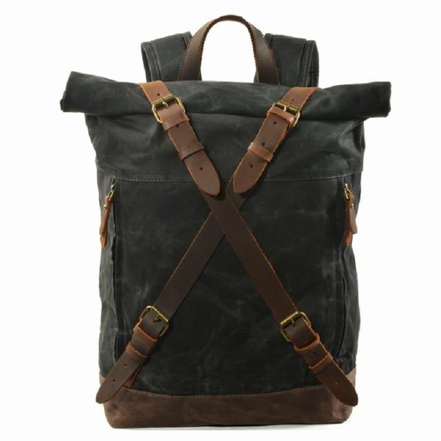 Waxed Vintage Canvas Genuine Leather Waterproof Travel 20 Liter Backpack, Black
