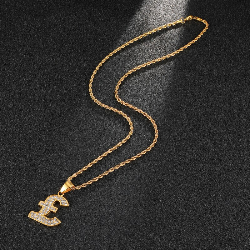 Rhinestone-Studded Gold-Plated Pound Bling Stainless Steel Hip-hop Pendant Necklace-Necklaces-Innovato Design-Innovato Design