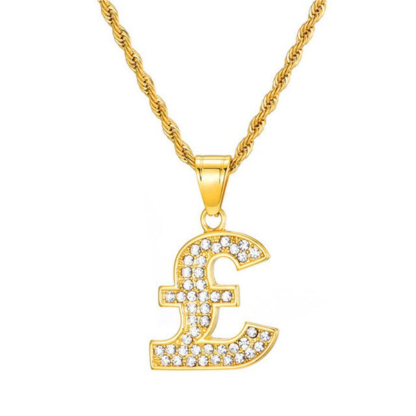 Rhinestone-Studded Gold-Plated Pound Bling Stainless Steel Hip-hop Pendant Necklace