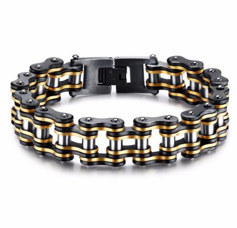 Wide Motorcycle Chain Bracelet in Black & Gold - InnovatoDesign