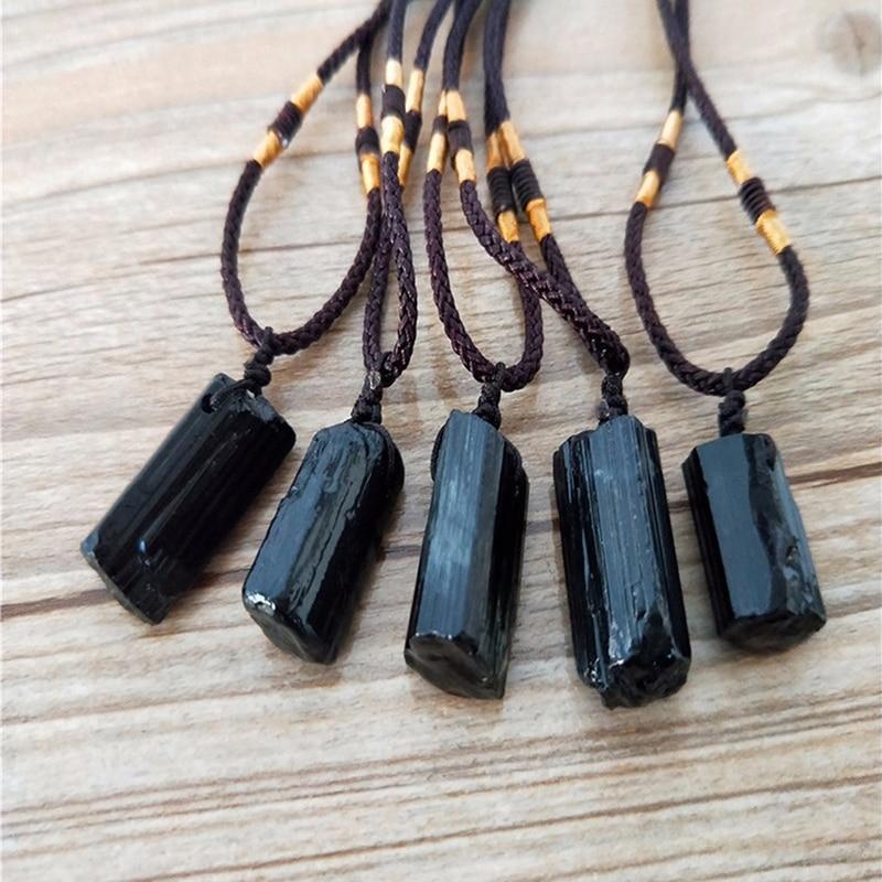 Natural Raw Black Tourmaline Stone Pendant and Rope Necklace-Necklaces-Innovato Design-Innovato Design
