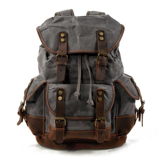 Canvas Leather Waterproof 20 to 35 Liter Backpack with String, Dark Grey