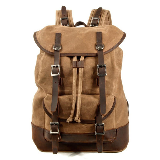 Canvas Leather European Vintage Backpack 20 to 35 Litre with String-Canvas and Leather Backpack-Innovato Design-Khaki-Innovato Design