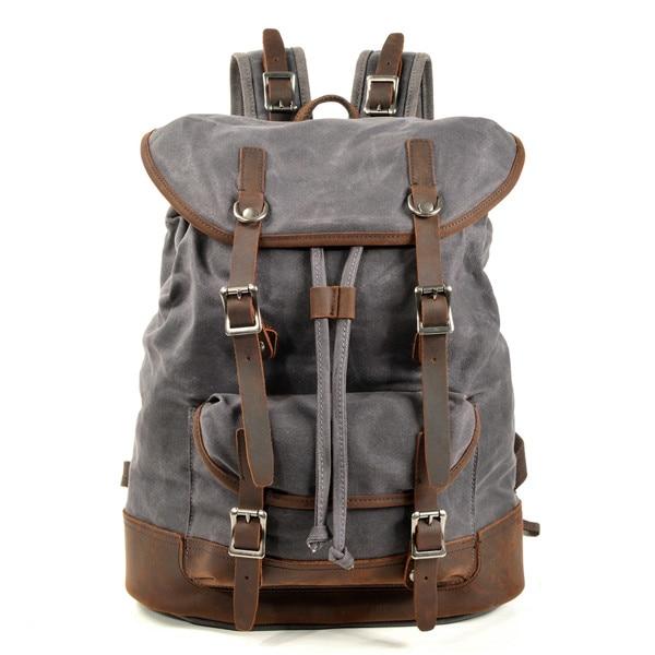 Canvas Leather European Vintage Backpack 20 to 35 Litre with String-Canvas and Leather Backpack-Innovato Design-Dark Grey-Innovato Design