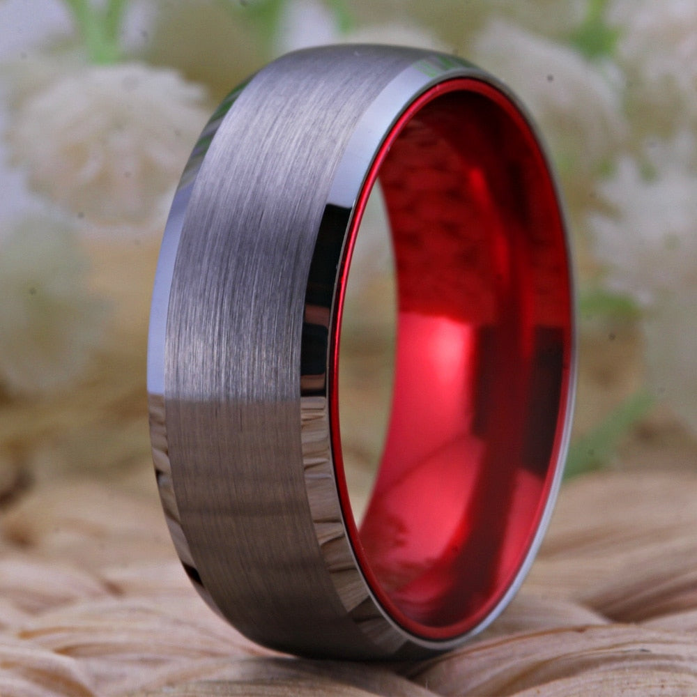 8mm Classic Matte Silver and Red-Plated Tungsten Wedding Ring-Rings-Innovato Design-6-Innovato Design