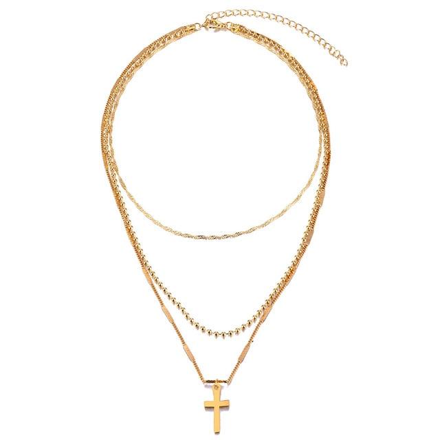 Multi-layer Chain Necklace with Cross Pendant-Necklaces-Innovato Design-Gold-Innovato Design