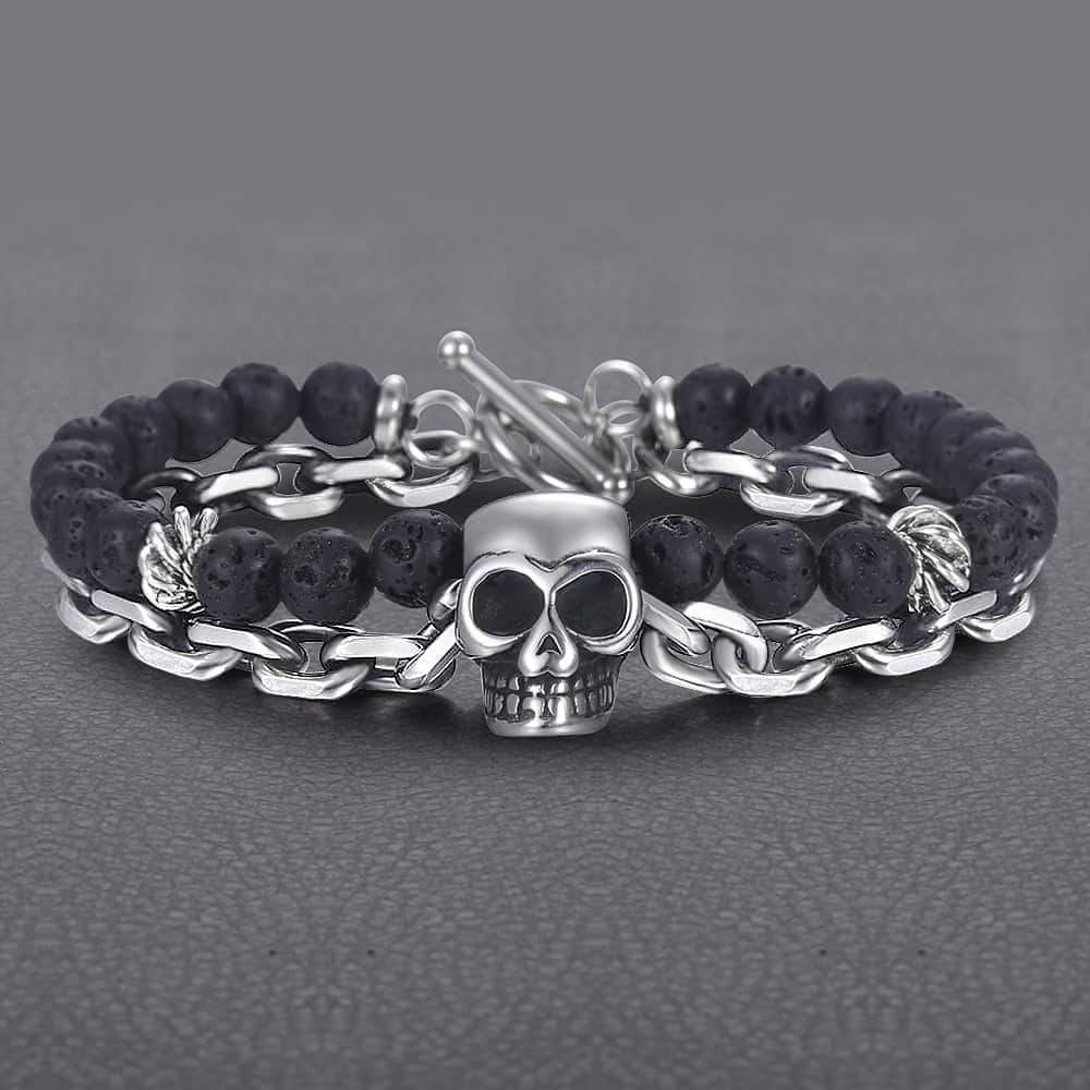 Men's Stainless Steel and Lava Rock Black Skull Beaded Bracelet-Skull Bracelet-Innovato Design-Alfa-Innovato Design