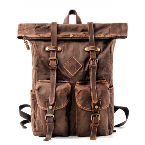 2 Colors Large Capacity Genuine Leather and Canvas Travel Backpack-Canvas and Leather Backpack-Innovato Design-Dark Brown-Innovato Design