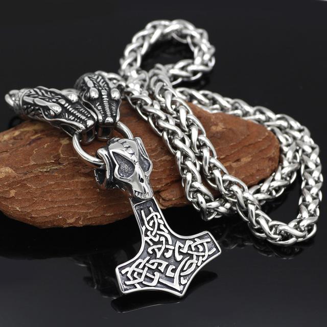 Norse Snake Chain Necklace with Thor's Hammer, Wolf and Worrier Pendant-Necklaces-Innovato Design-Wolf-20-Innovato Design