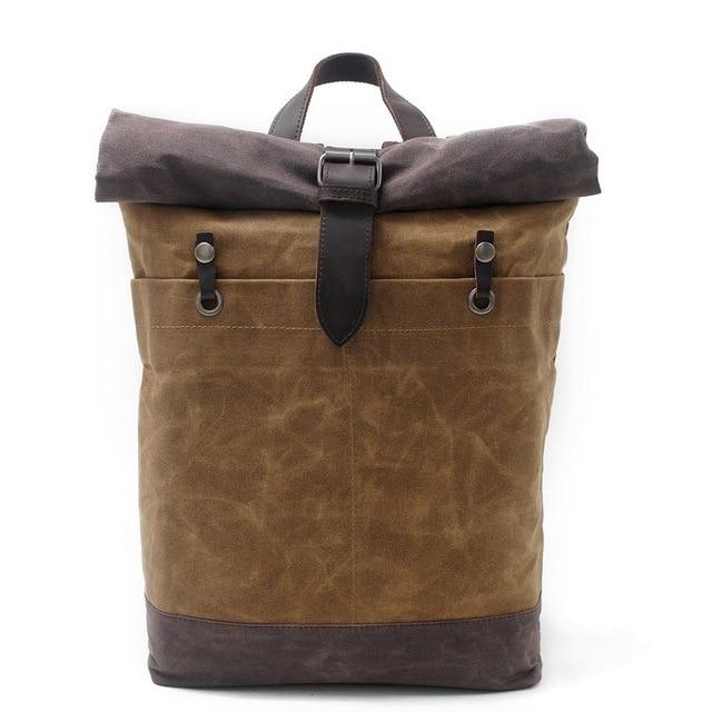 Canvas Leather 15 Inch 20 Liter Backpack for Students-Canvas and Leather Backpack-Innovato Design-Khaki-Innovato Design