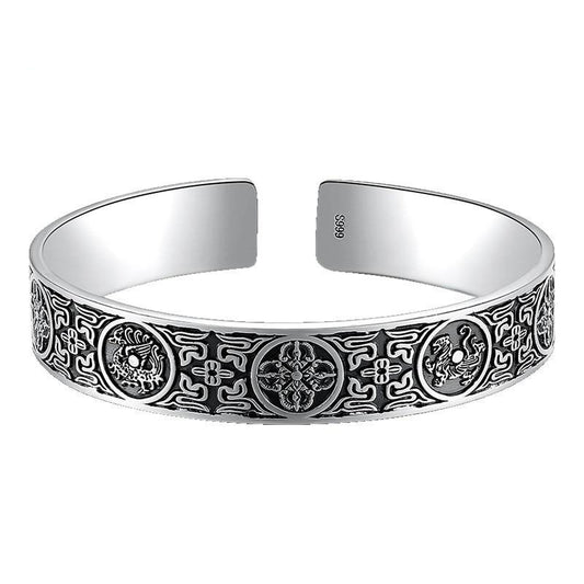 Chinese Four Great Beasts 999 Genuine Silver Vintage Open Cuff Bracelet-Bracelets-Innovato Design-Innovato Design