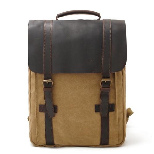 2 Straps Genuine Leather and Canvas Backpack in 4 Colors-Canvas and Leather Backpack-Innovato Design-Khaki-Innovato Design
