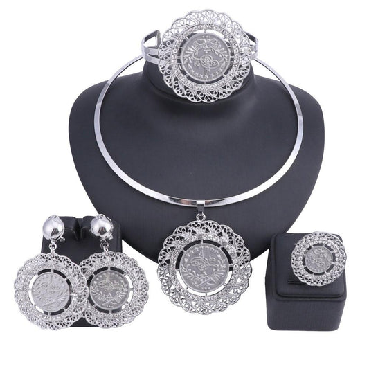 Fine Art Plate Necklace, Bracelet, Earrings & Ring Wedding Jewelry Set-Jewelry Sets-Innovato Design-Silver-Innovato Design