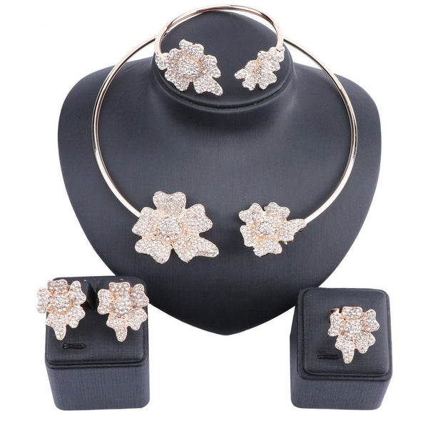 Flower Crystal Necklace, Bracelet, Earrings & Ring Wedding Statement Jewelry Set-Jewelry Sets-Innovato Design-Gold-Innovato Design