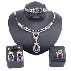 Purple Cubic Zirconia and Crystal Necklace, Bracelet, Earrings & Ring Wedding Statement Jewelry Set-Jewelry Sets-Innovato Design-Gold-Innovato Design