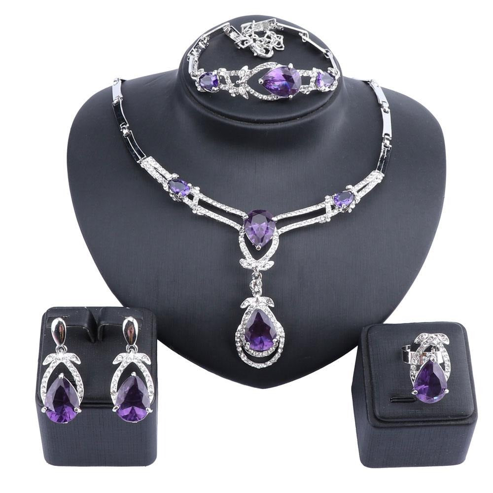Purple Cubic Zirconia and Crystal Necklace, Bracelet, Earrings & Ring Wedding Statement Jewelry Set-Jewelry Sets-Innovato Design-Silver-Innovato Design