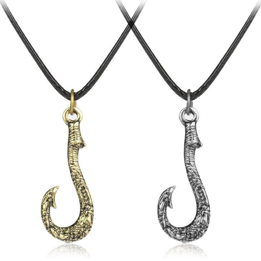 Metallic Fish Hook Pendant with Leather Rope Necklace-Necklaces-Innovato Design-Gold-Innovato Design