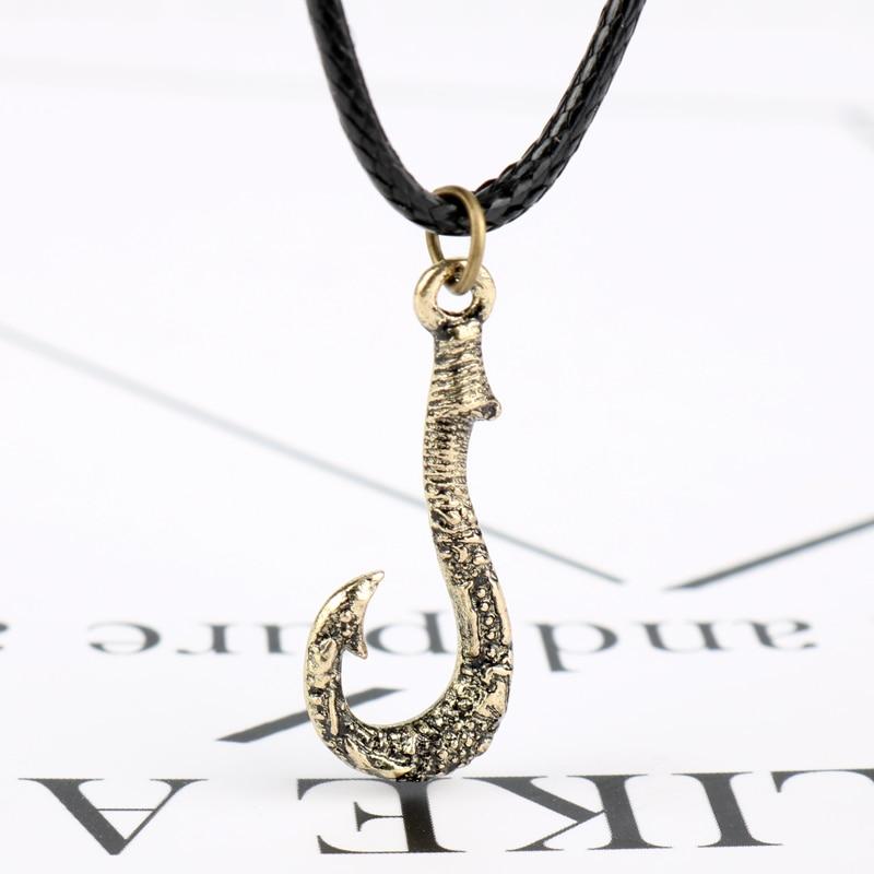 Metallic Fish Hook Pendant with Leather Rope Necklace-Necklaces-Innovato Design-Gold-Innovato Design