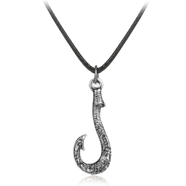 Metallic Fish Hook Pendant with Leather Rope Necklace-Necklaces-Innovato Design-Silver-Innovato Design