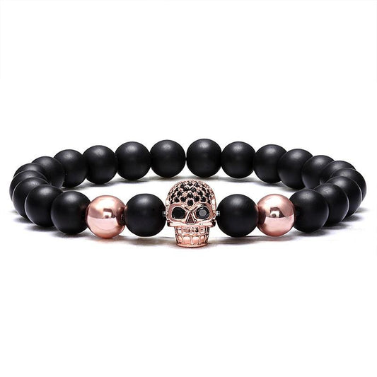Natural Stone Black Beads Cubic Zirconia Skull Bracelet-Skull Bracelet-Innovato Design-Rose Gold-Innovato Design