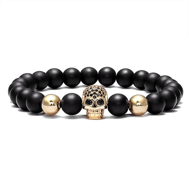 Natural Stone Black Beads Cubic Zirconia Skull Bracelet-Skull Bracelet-Innovato Design-Gold-Innovato Design