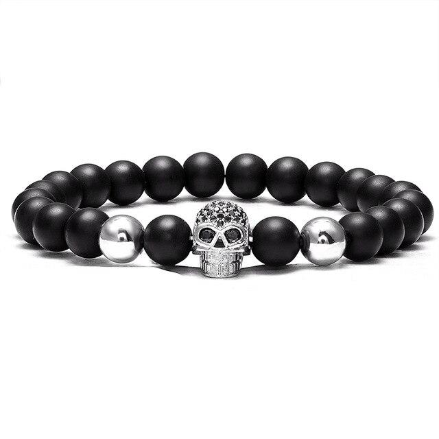 Natural Stone Black Beads Cubic Zirconia Skull Bracelet-Skull Bracelet-Innovato Design-Silver-Innovato Design