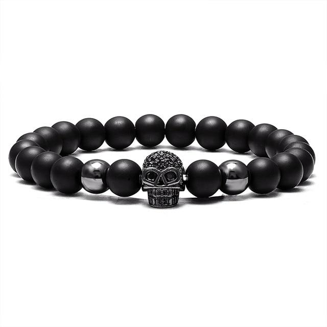 Natural Stone Black Beads Cubic Zirconia Skull Bracelet-Skull Bracelet-Innovato Design-Rose Gold-Innovato Design