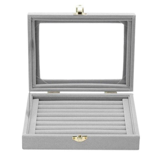 Gray Velvet Jewelry Storage Box with Glass Display - InnovatoDesign