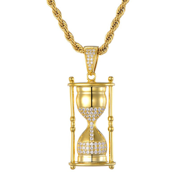 Cubic Zirconia and Rhinestone-Studded Hourglass Bling Hip-hop Pendant Necklace