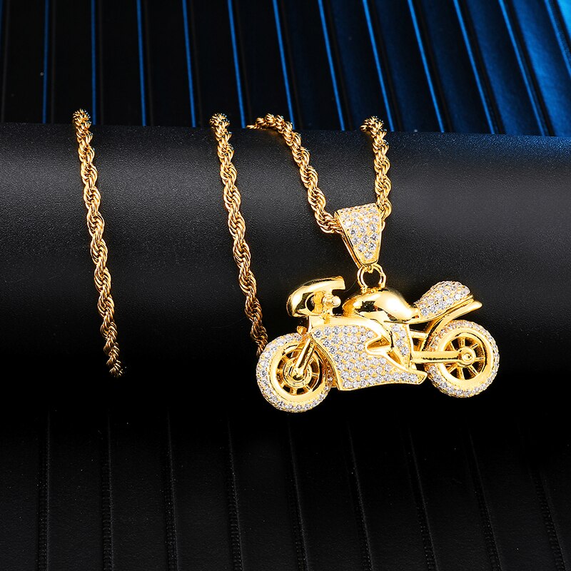 Rhinestone-Studded Gold-Plated Motorcycle Bling Rope Chain Hip-hop Pendant Necklace-Necklaces-Innovato Design-Innovato Design