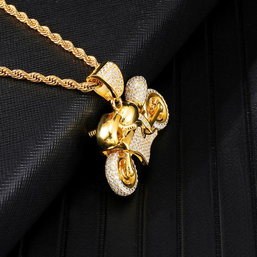 Rhinestone-Studded Gold-Plated Motorcycle Bling Rope Chain Hip-hop Pendant Necklace-Necklaces-Innovato Design-Innovato Design