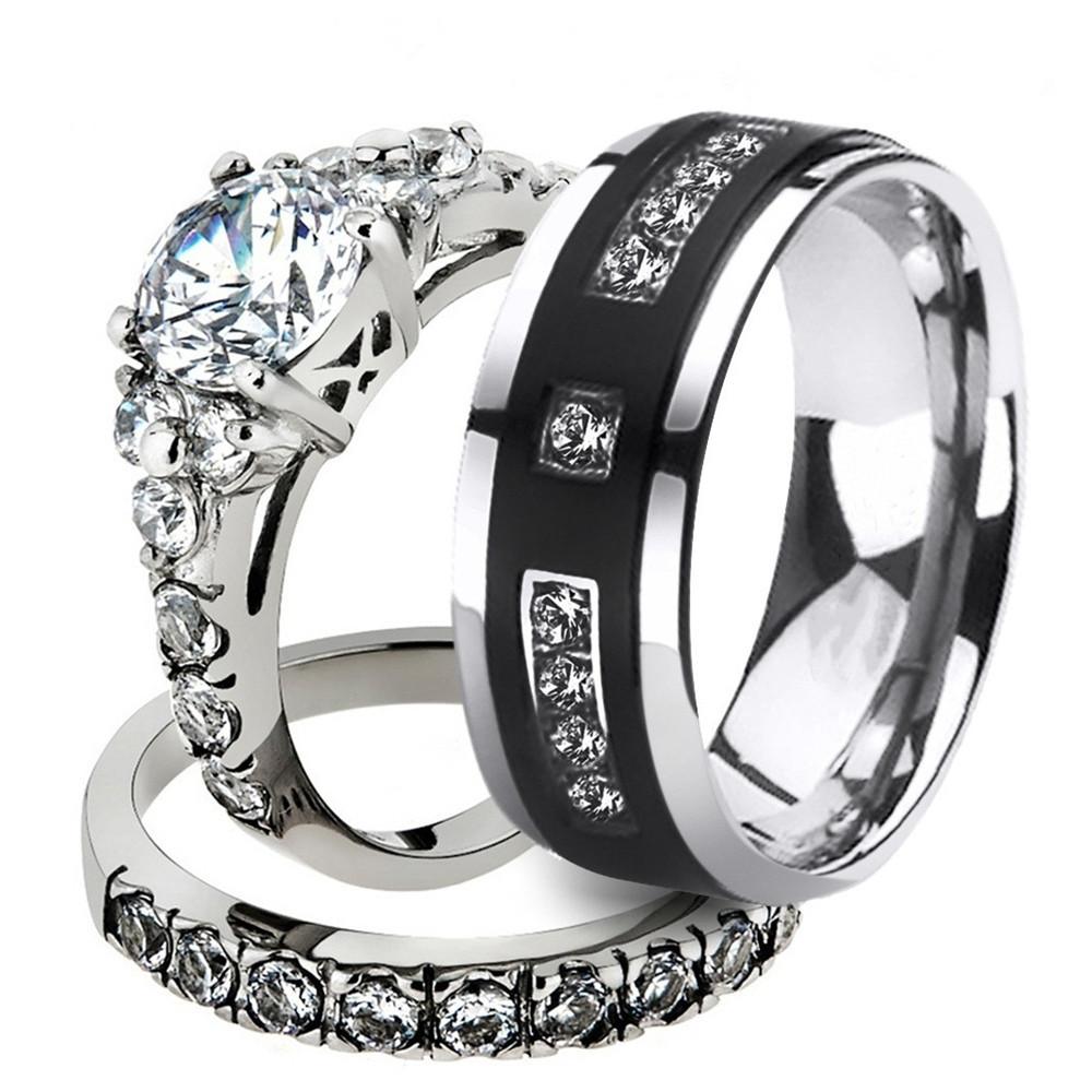 Brushed Matte Black Tungsten Carbide and Cubic Zirconia Wedding Ring Set-Rings-Innovato Design-5-5-Innovato Design