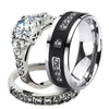 Brushed Matte Black Tungsten Carbide and Cubic Zirconia Wedding Ring Set