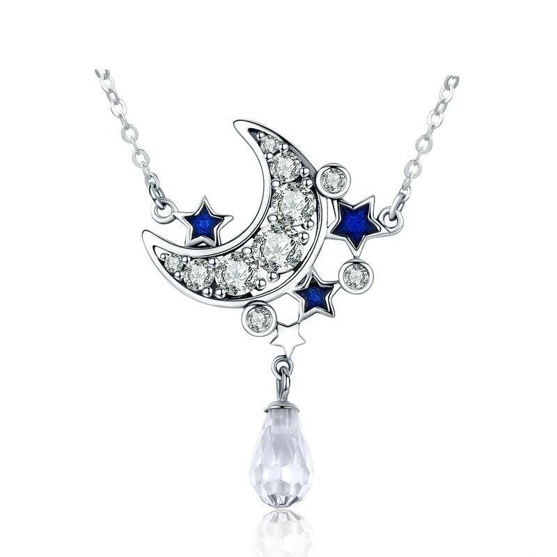 925 Sterling Silver Crystal Crescent Moon and Blue Star Pendant Necklace-Necklaces-Innovato Design-Innovato Design