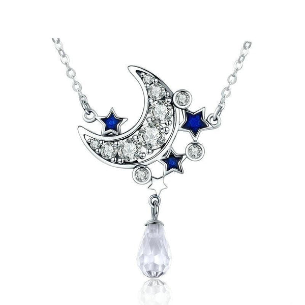 925 Sterling Silver Crystal Crescent Moon and Blue Star Pendant Necklace - InnovatoDesign