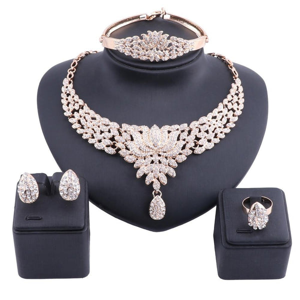 Flower and Crystal Necklace, Bracelet, Earrings & Ring Wedding Statement Jewelry Set