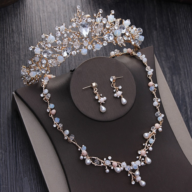 Crystal Beads, Pearl and Rhinestone Tiara, Necklace & Earrings Wedding Jewelry Set-Jewelry Sets-Innovato Design-Innovato Design