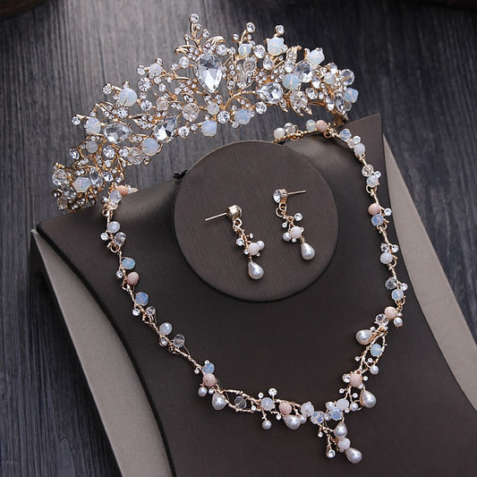 Crystal Beads, Pearl and Rhinestone Tiara, Necklace & Earrings Wedding Jewelry Set-Jewelry Sets-Innovato Design-Innovato Design