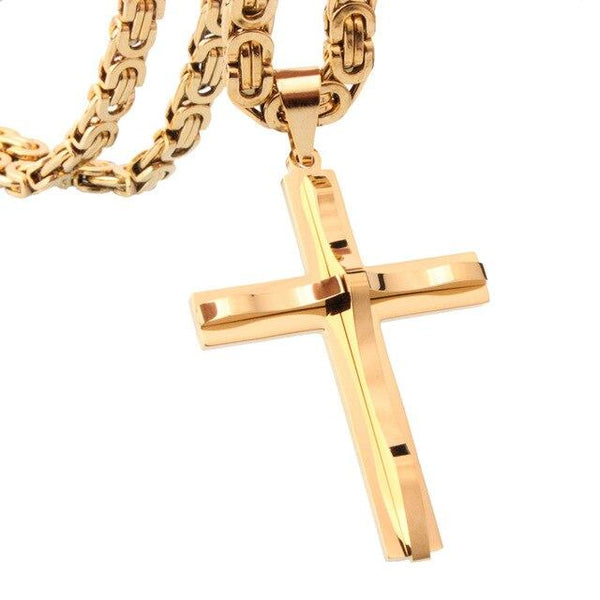 Black & Gold  Cross Pendant with Wavy Metal Overlay and Byzantine Chain Necklace - InnovatoDesign