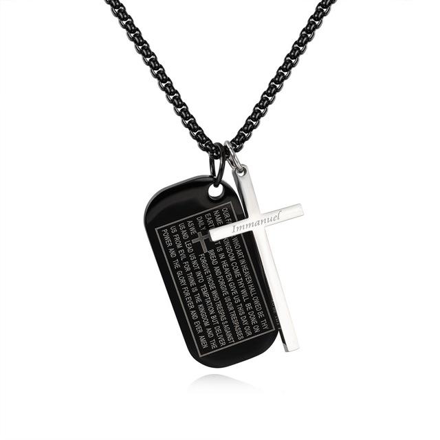 Lord's Prayer Silver Dual Pendant Cross and Dog Tag Necklace-Necklaces-Innovato Design-Black-Innovato Design