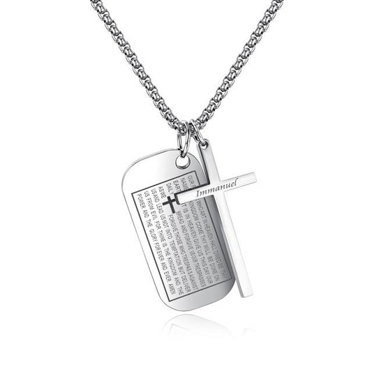 Lord's Prayer Silver Dual Pendant Cross and Dog Tag Necklace-Necklaces-Innovato Design-Silver-Innovato Design